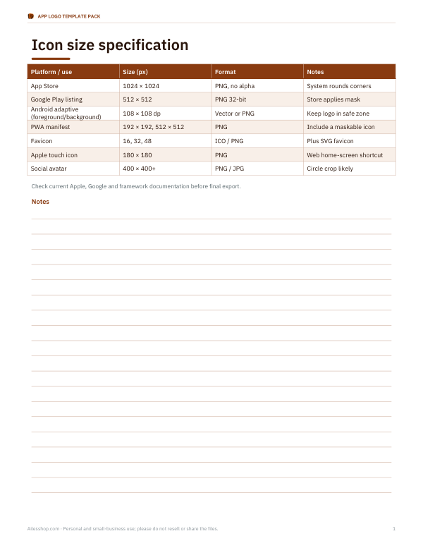 Preview of App Icon Size Specification Chart